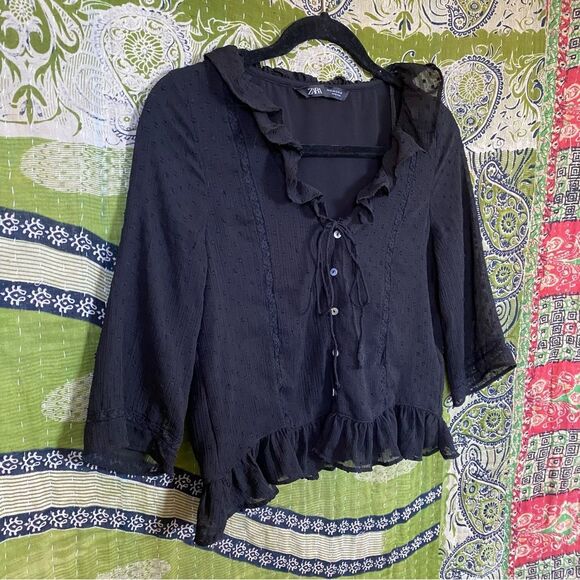 Zara Limited Edition Black Swiss Dot Ruffle Blouse Size Small - Picture 8 of 15